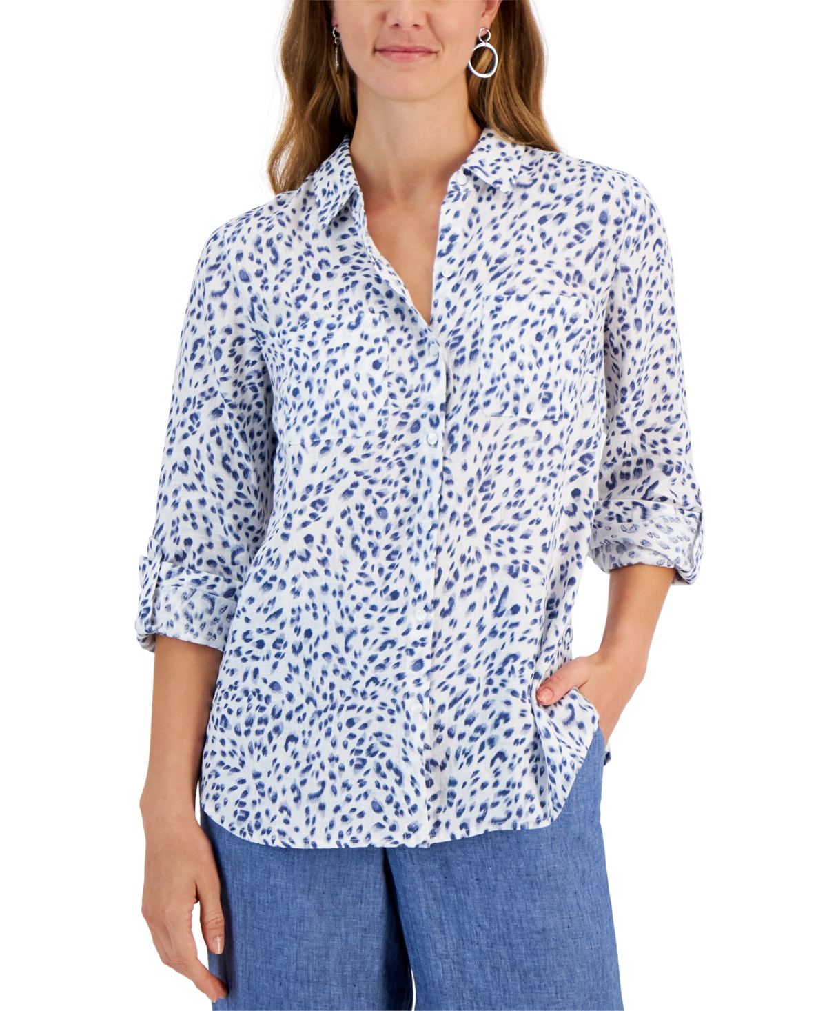 Charter Club Women's 100% Linen Printed Tab-sleeve Shirt, Created For Macy's In Bright White Combo