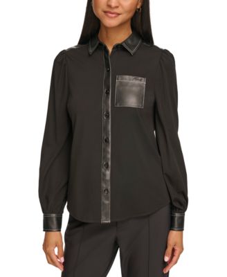 KARL LAGERFELD PARIS - Women's Faux-Leather Trim Knit Shirt