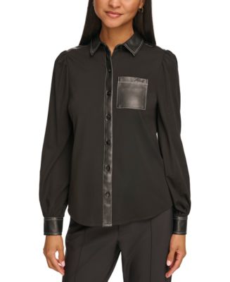 KARL LAGERFELD PARIS Women's Faux-Leather Trim Knit Shirt