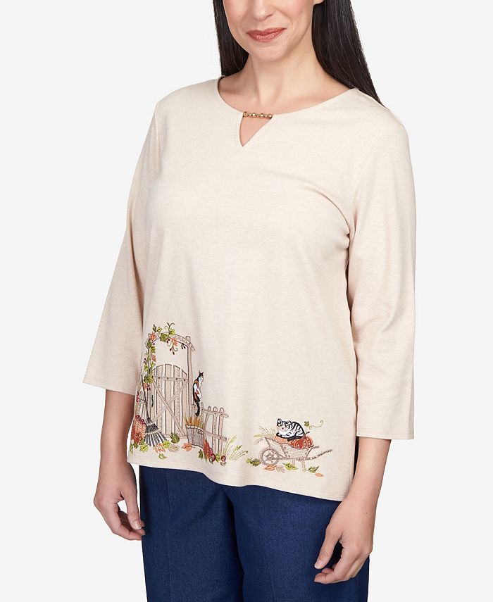 Alfred Dunner Women's Classics Cat on a Fence Split Neck Top - Macy's