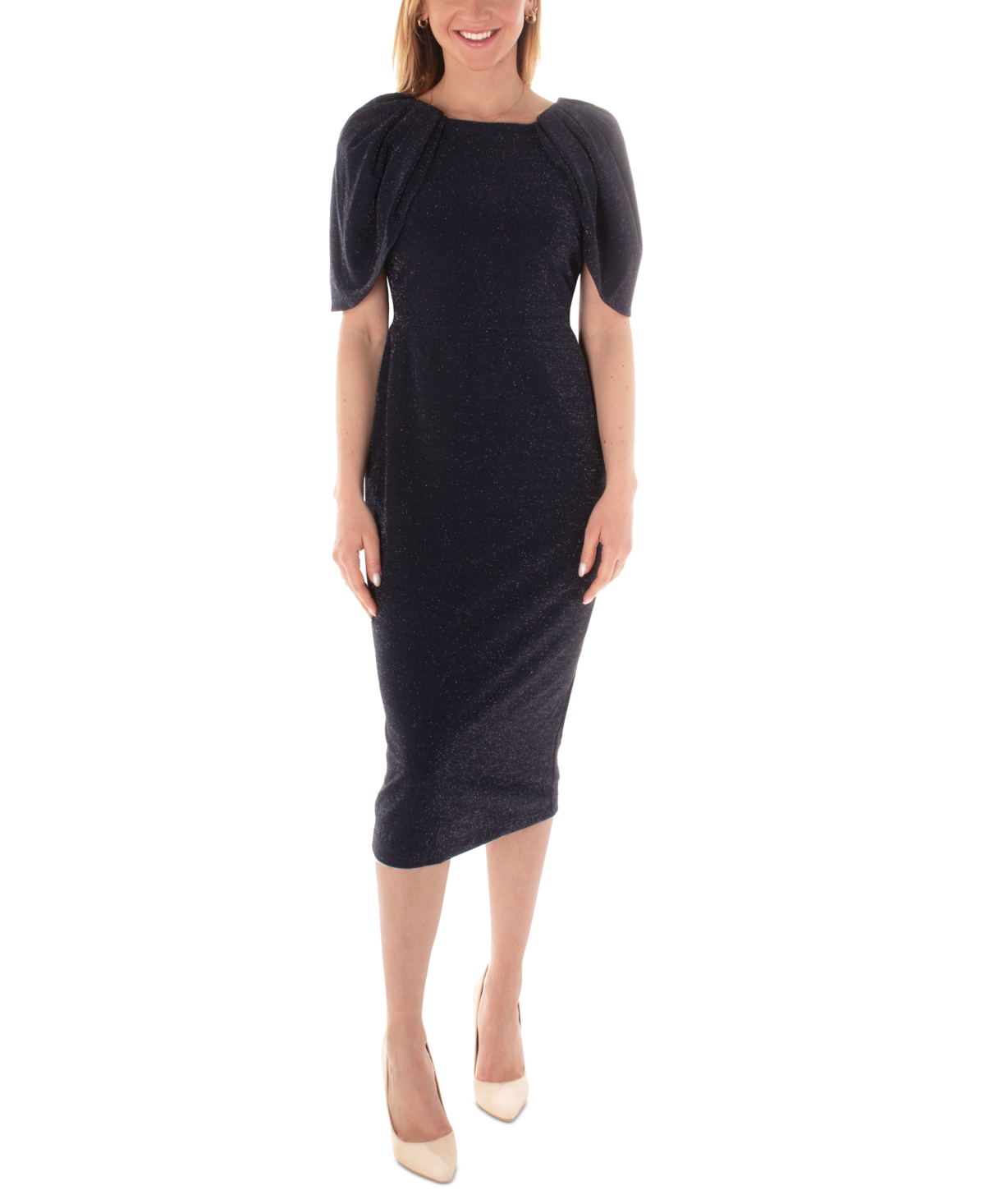 Women's Metallic Cape-Sleeve Sheath Dress - Navy/Silver
