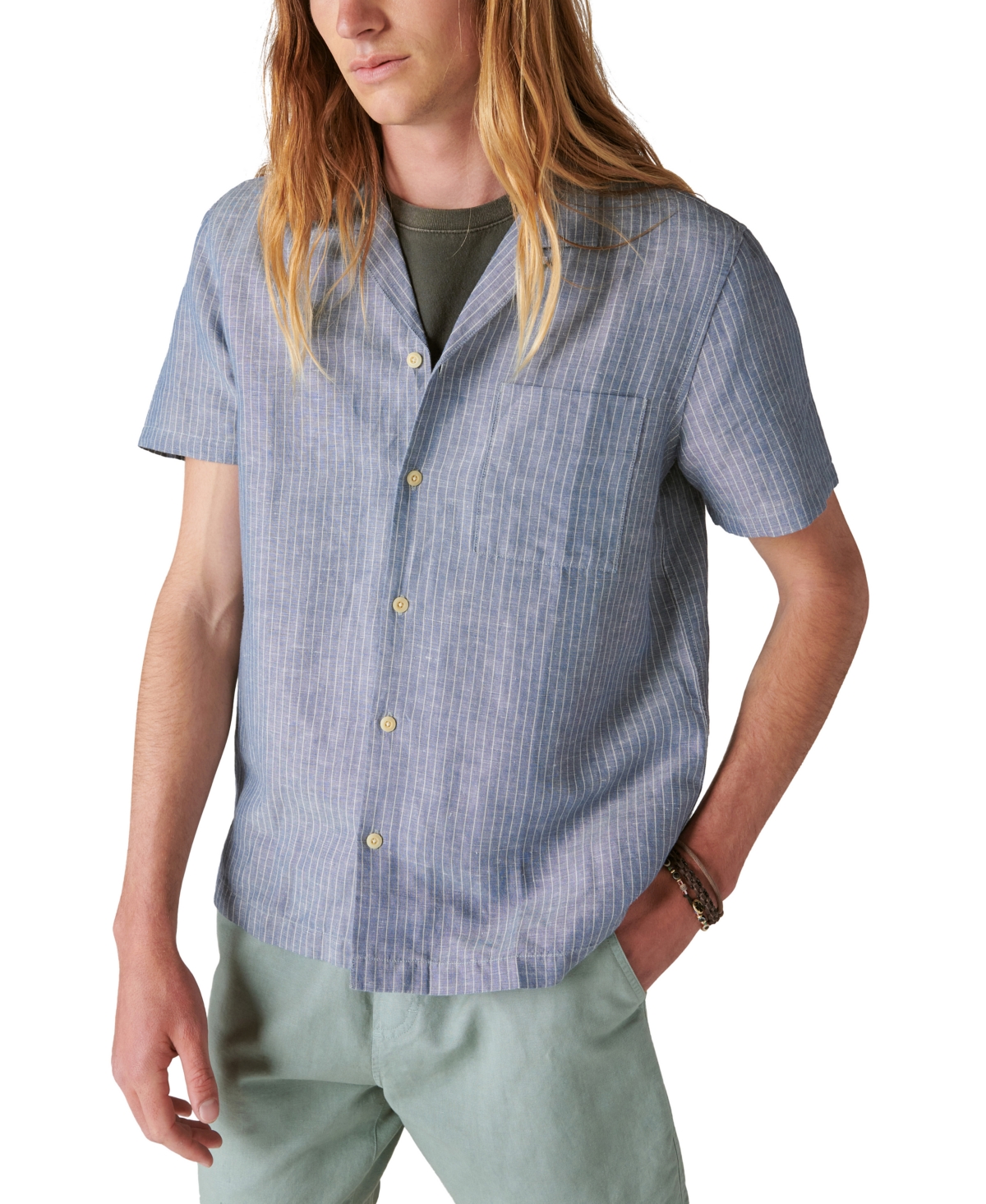 Shop Lucky Brand Men's Stripe Linen Short Sleeve Camp Collar Shirt In Blue Stripe