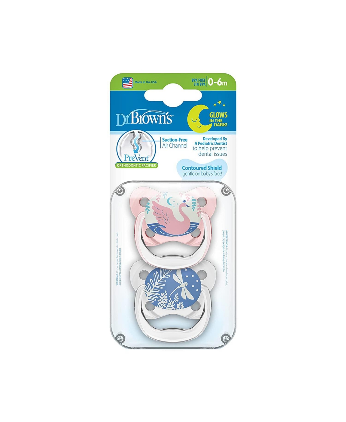 Dr. Browns PreVent Orthodontic Baby Pacifier, 0-6m, 2-Pack, Glow in the Dark, Pink