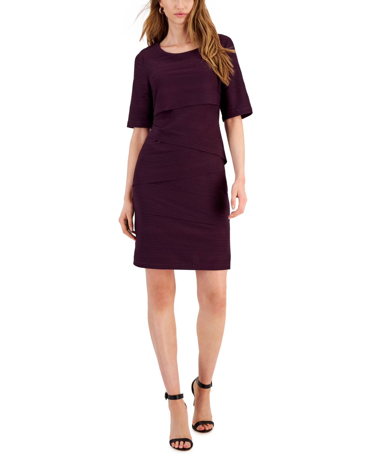 Connected Women's Tiered Ribbed Jersey Sheath Dress In Bordeaux