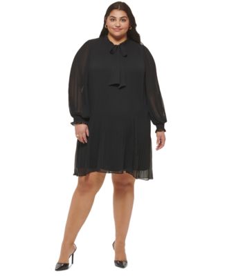 DKNY - Plus Size Pleated Tie-Neck Shift Dress