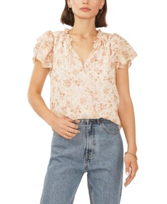 1.STATE - Women's Floral-Print Flutter-Sleeve Split-Neck Blouse