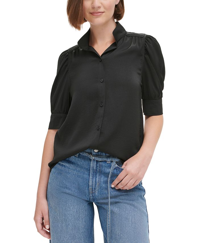 Petite Puff-Sleeve Stand-Collar Shirt