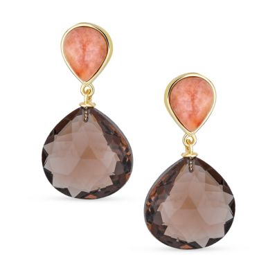 Elegant Translucent Briolette Peach Chocolate Brown Pear Shaped Natural Smoky Quartz Faceted Teardrop Drop Earrings Gold Plated