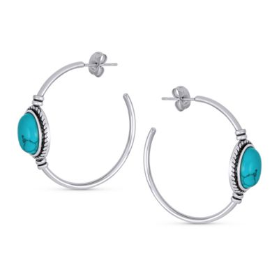 Western Style Oval Blue Compressed Turquoise Braid Edge Twisted Rope Hoop Earrings Oxidized Stainless Steel 1.25 Inch Diameter Stud Back