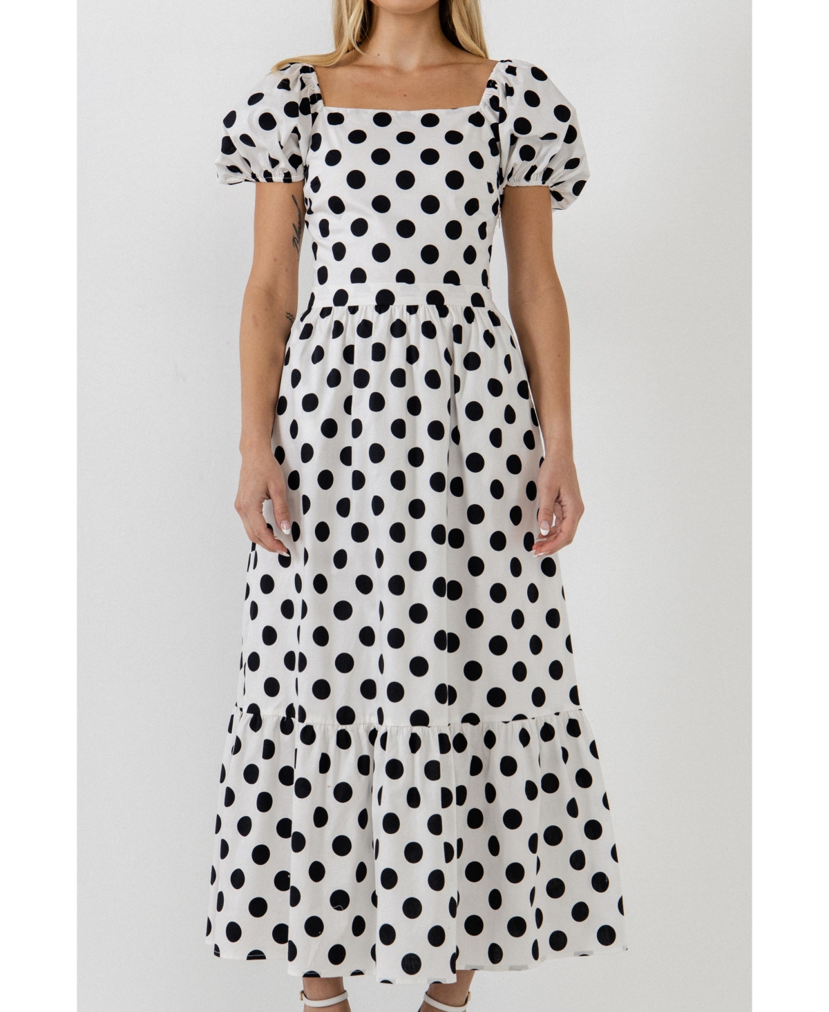 Women's Polka Dot Puff Sleeve Maxi Dress - White/ black dot