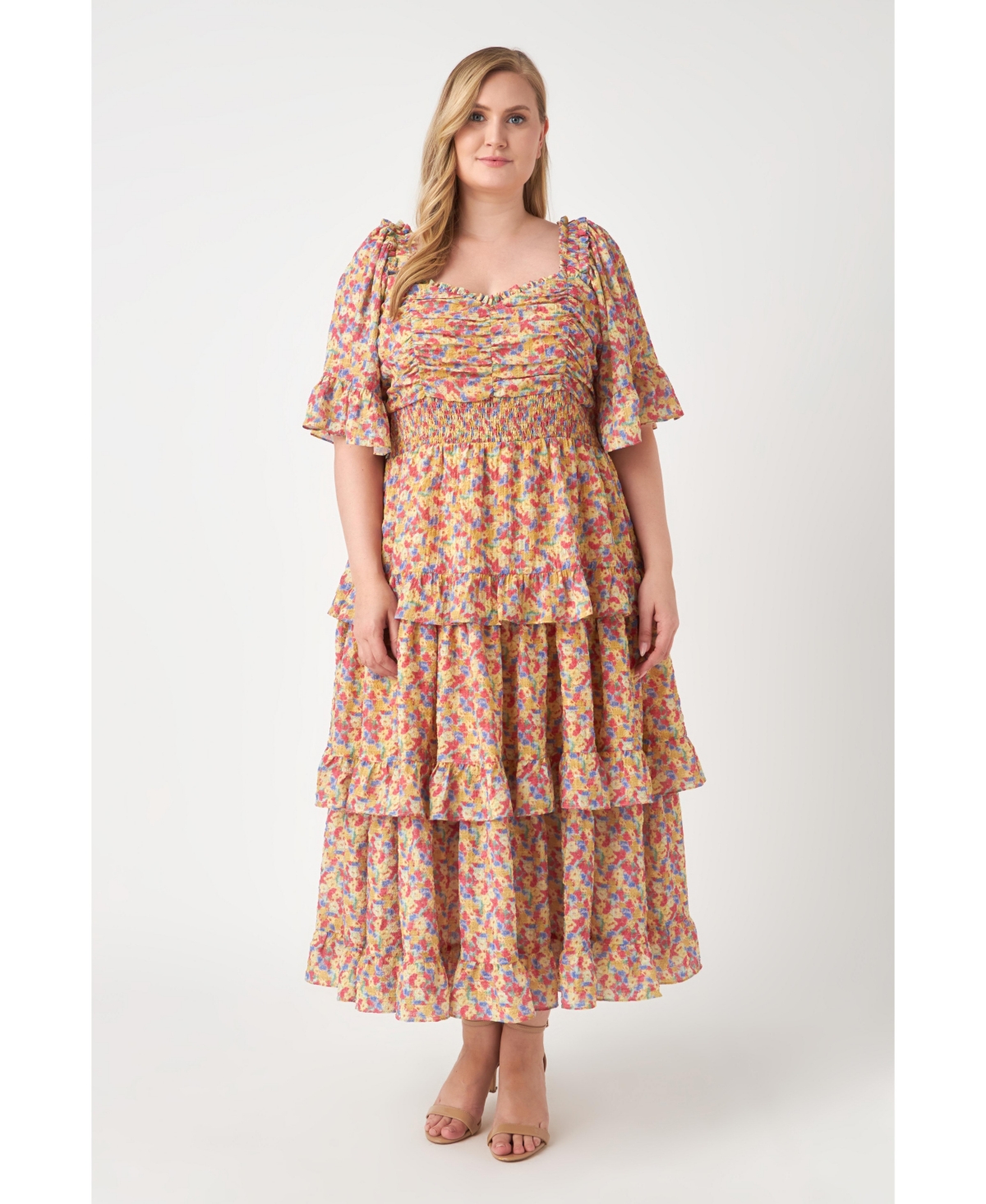 Plus Size Floral Smocked Ruffle Tiered Maxi Dress - Mustard combo