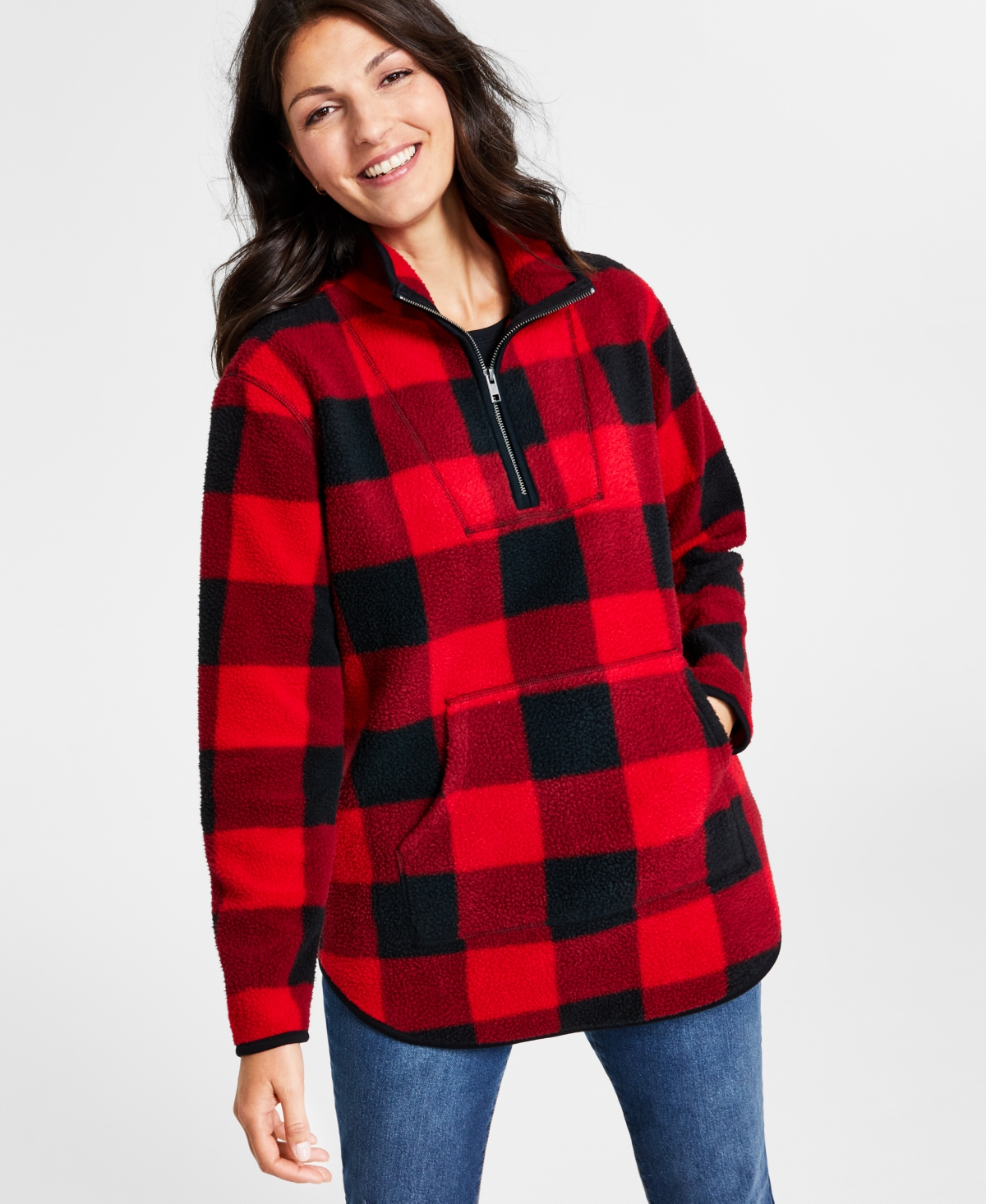 Style & Co Women's Fleece Quarter-zip Sweatshirt, Created For Macy's In Red Check
