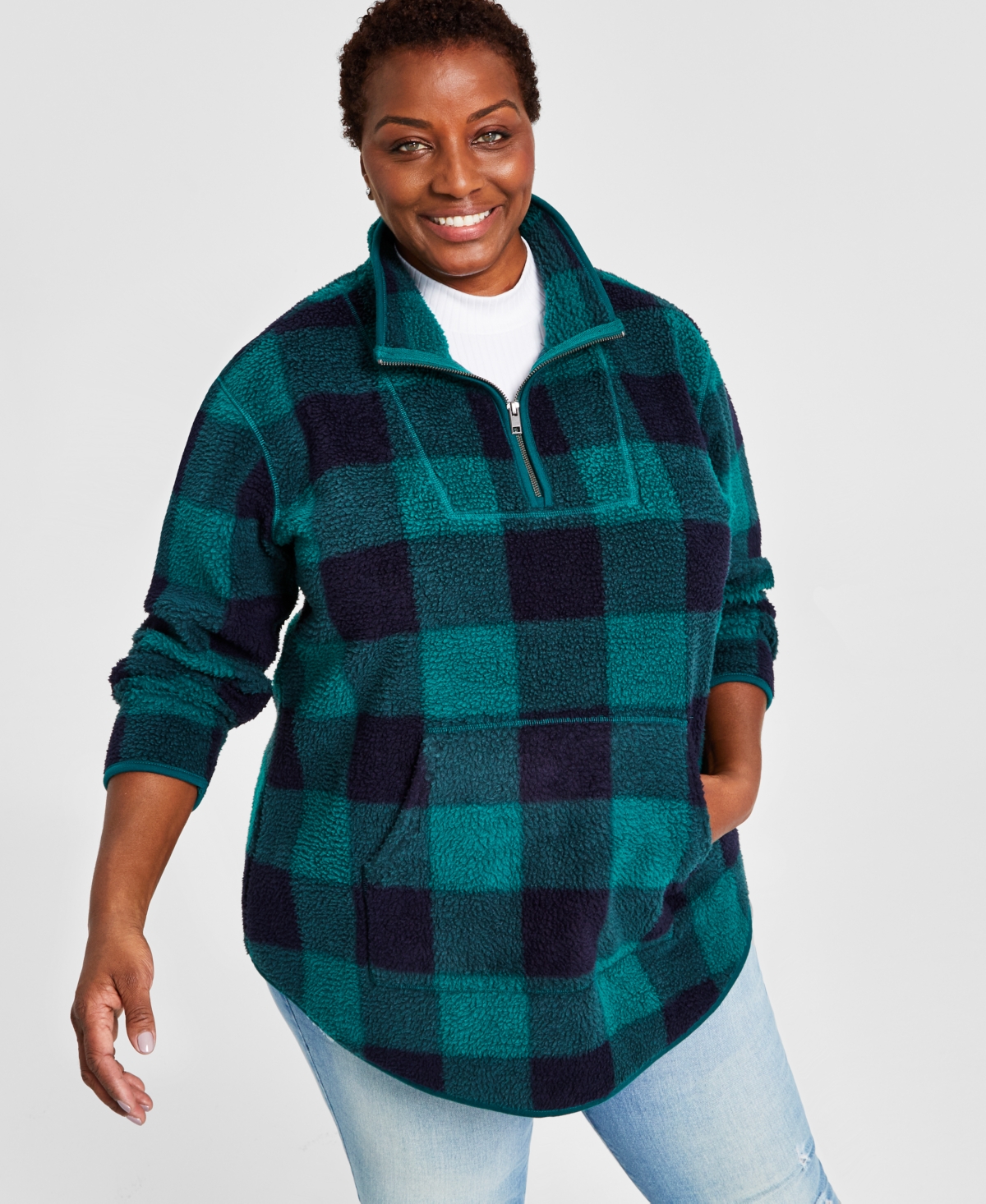 Style & Co Women's Fleece Quarter-zip Sweatshirt, Created For Macy's In Green Check