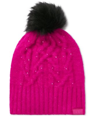DKNY - Women's Studded Cable-Knit Pom Pom Hat
