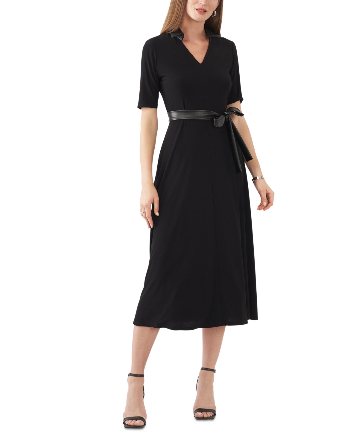 Petite Faux-Leather-Trim Belted Midi Dress - Black