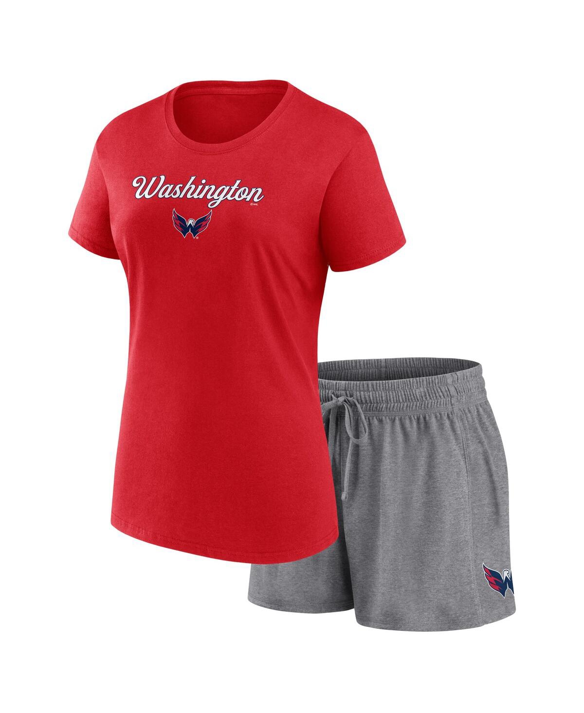 Fanatics Women's  Red, Heather Gray Washington Capitals Script T-shirt And Shorts Set In Red,heather Gray