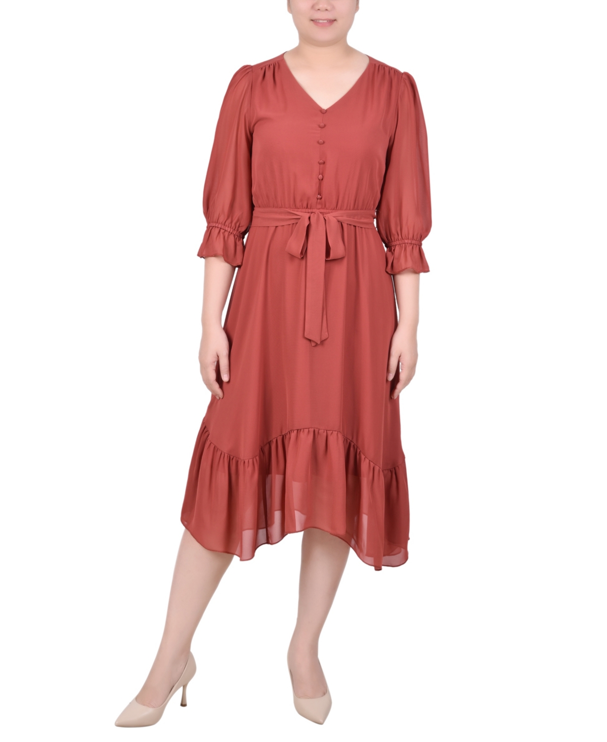 NY COLLECTION WOMEN'S 3/4 SLEEVE V-NECK FLOUNCED DRESS