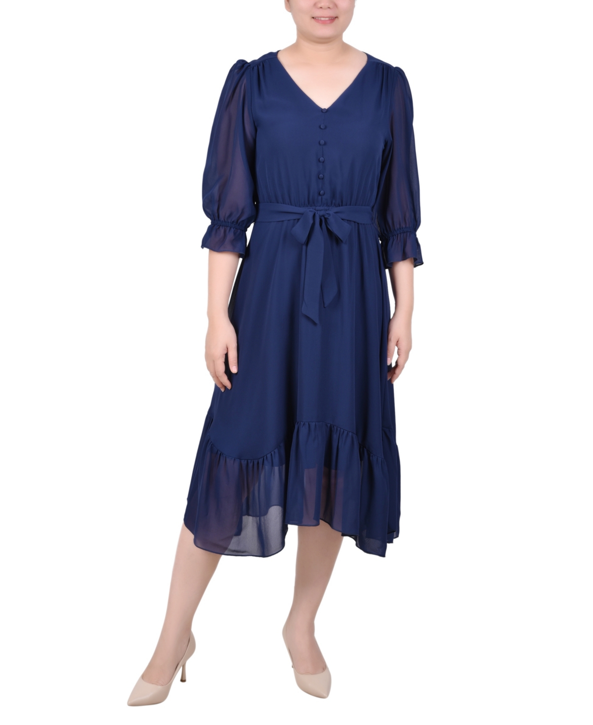 Ny Collection Women's 3/4 Sleeve V-neck Flounced Dress In Navy