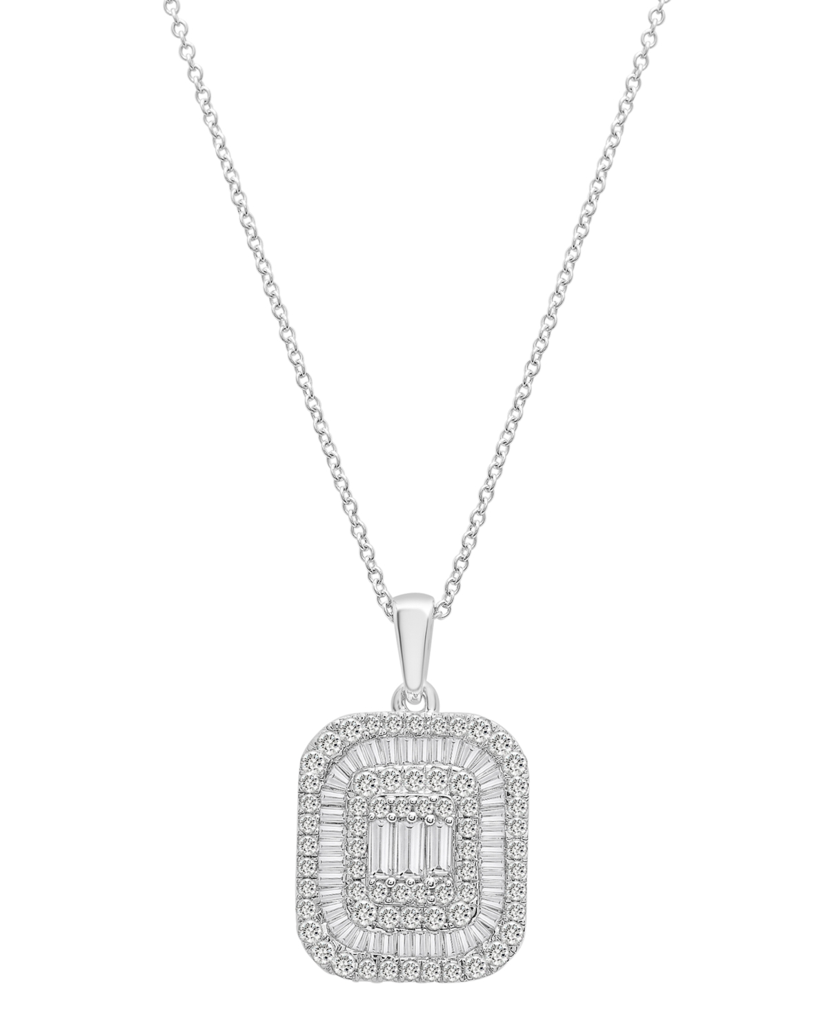 Diamond Round & Baguette Square Halo Cluster Pendant Necklace (1 ct. t.w.) in 14k White Gold, 16" + 2" extender, Created for Macy's -