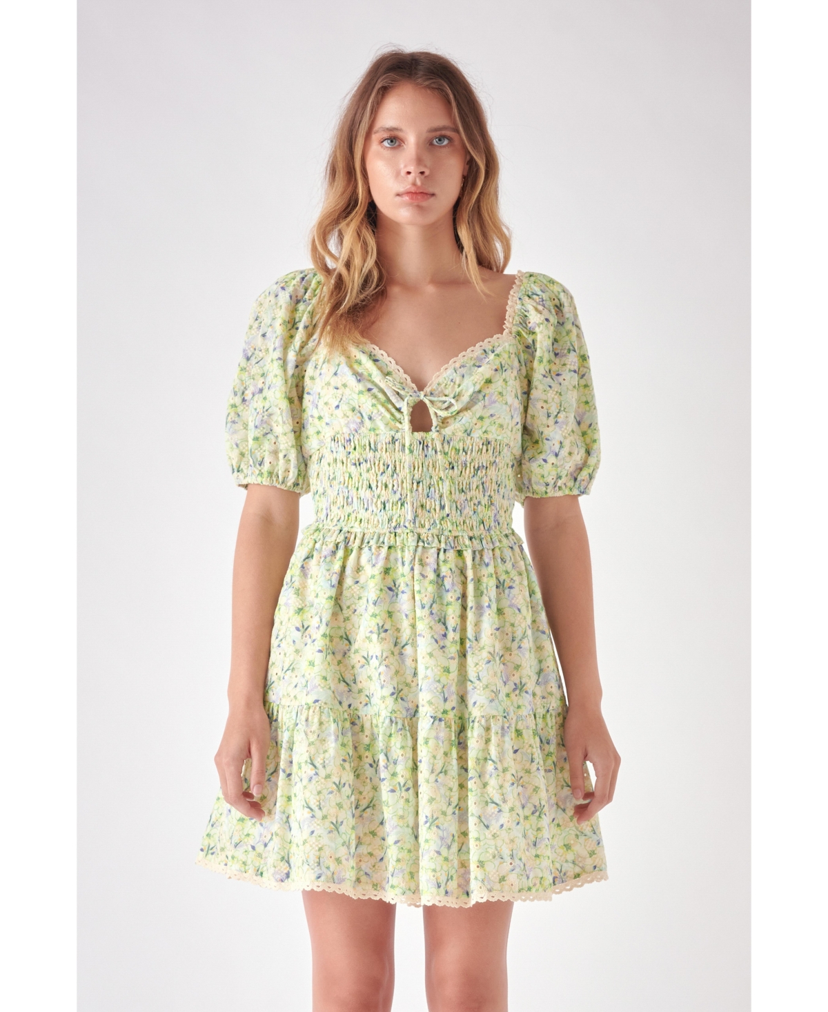 Women's Shirred Waist Milkmaid Mini Dress - Green multi