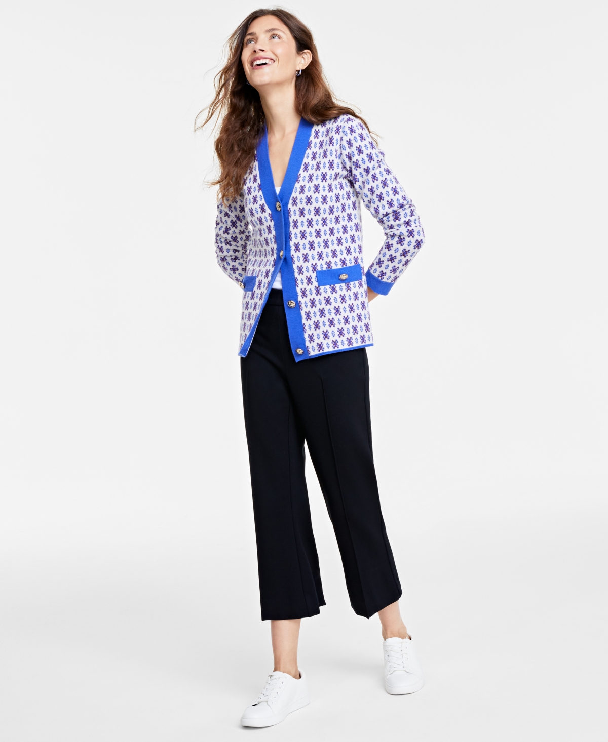 On 34th Women's Jacquard Cardigan, Created For Macy's In Dazzling Blue