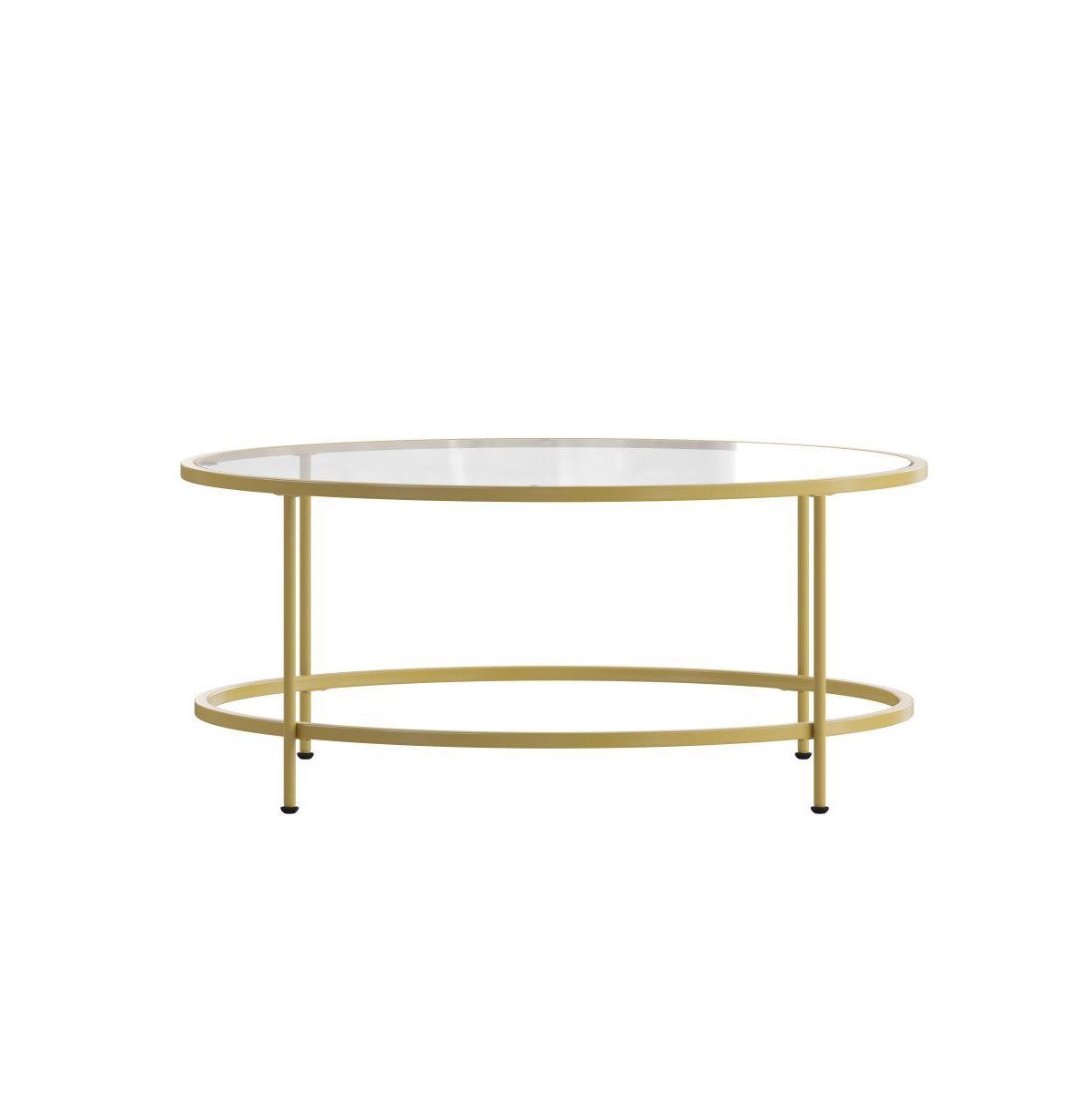 Merrick Lane Newbury Glass Coffee Table With Round Matte Frame And Vertical Legs -brushed gold