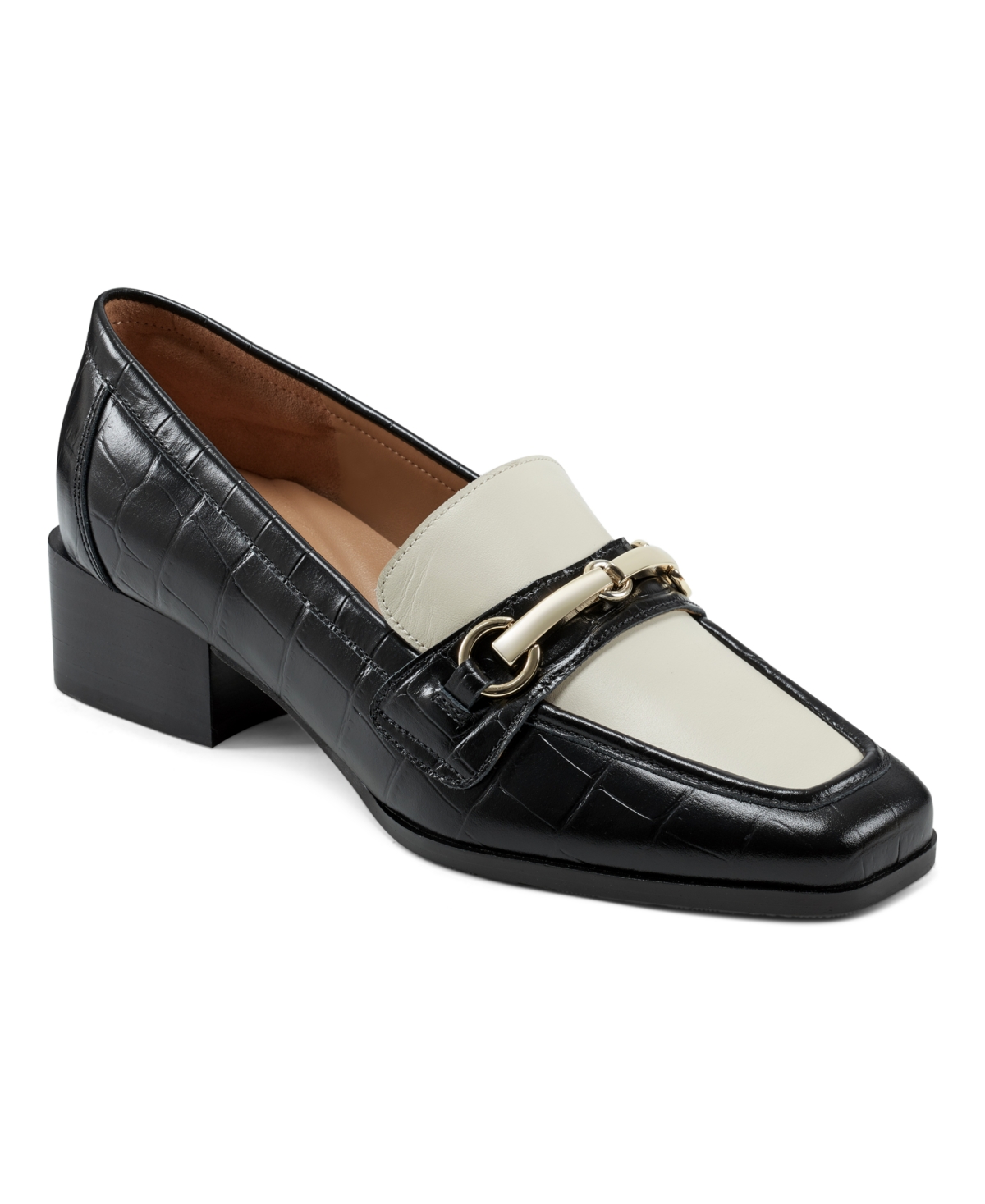 Women's Darby Block Heel Slip-On Dress Loafers - Black Croco, Ivory Leather