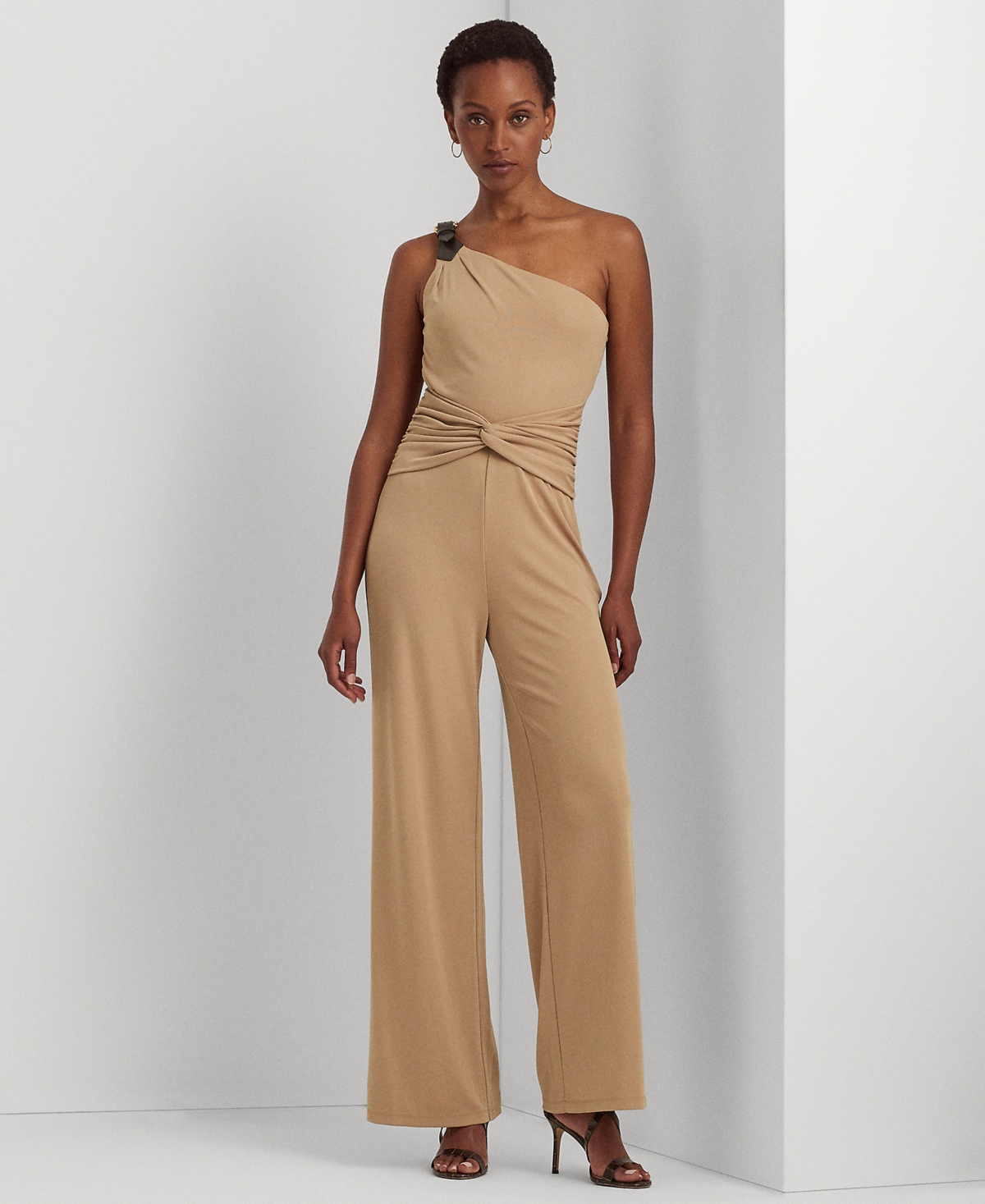 Lauren Ralph Lauren Women s Buckle trim Jersey One shoulder Jumpsuit In Classic Camel ModeSens