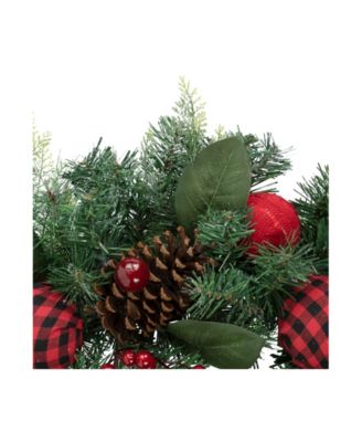 Pine Artificial Christmas Wreath with Bows and Plaid Ornaments 24" Unlit