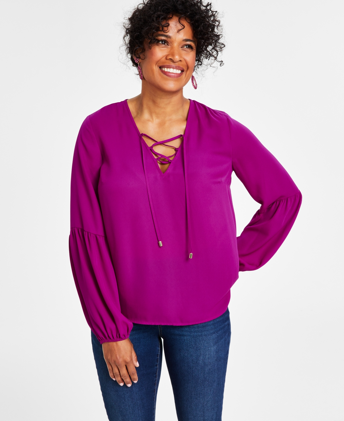 Inc International Concepts Women's Lace-up V-neck Blouse, Created For Macy's In Burnished Berry