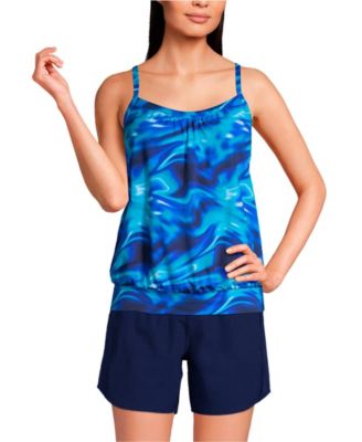 Women's Petite Blouson Tummy Hiding Tankini Swimsuit Top Adjustable Straps