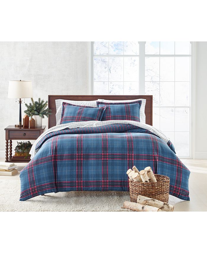 Charter Club Navy Plaid Flannel Cotton Duvet Cover, Full/Queen, Created