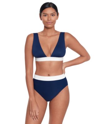 RALPH LAUREN WOMENS BANDED MODERN V NECK BIKINI TOP HIGH WAISTED BIKINI BOTTOMS