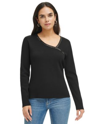 Calvin Klein Women's Sequin Trim Asymmetrical-Neck Sweater - Macy's