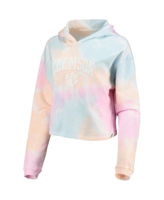 Women's Pink, White Clemson Tigers Tie-Dye Cropped Pullover Hoodie