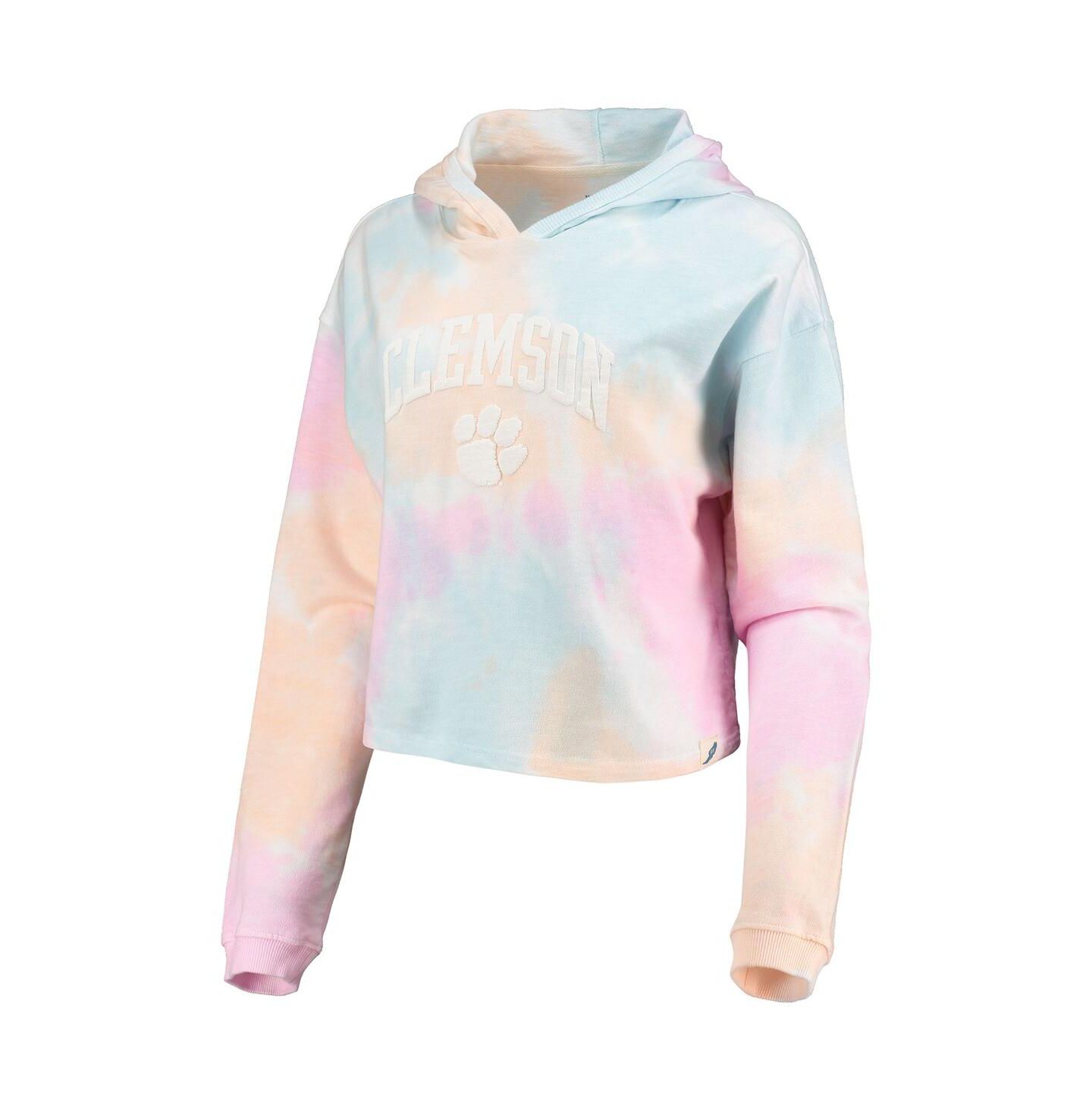 Женское худи League Collegiate Wear Pink, White Clemson Tigers Tie-Dye Cropped Pullover — фото 3