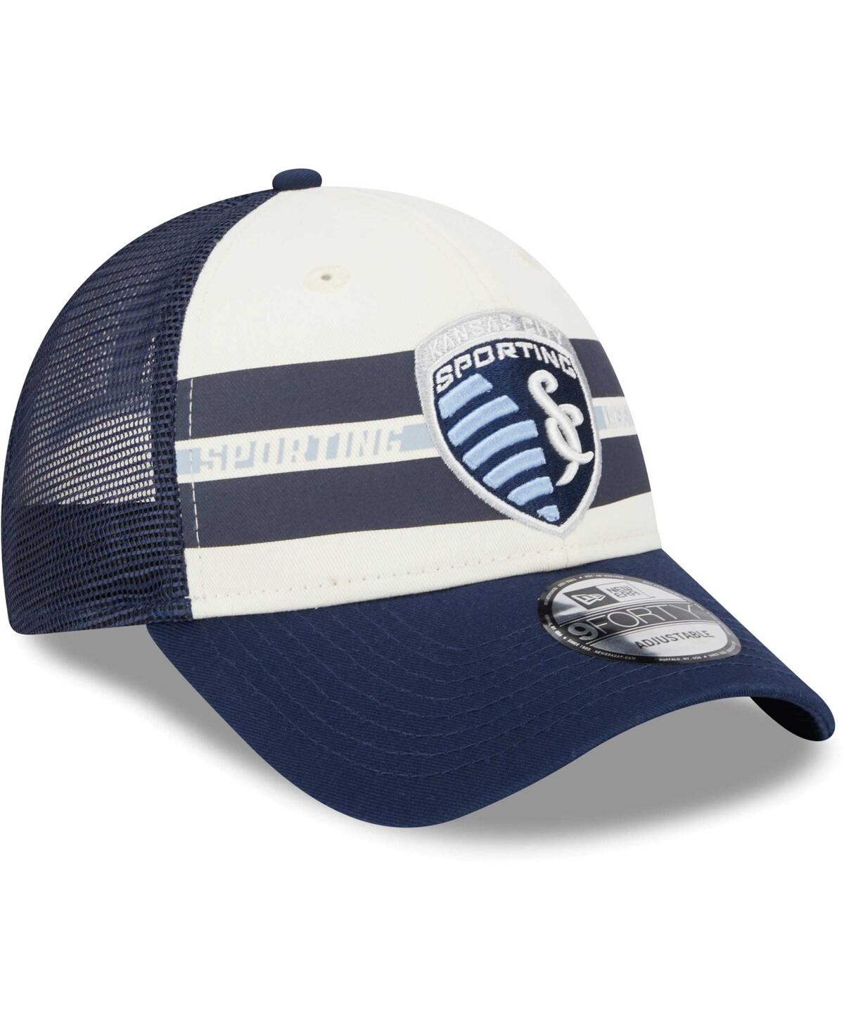 New Era Men's  White, Navy Sporting Kansas City Team Stripes 9forty Trucker Snapback Hat In White,navy