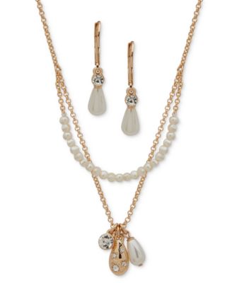 Anne Klein - Gold-Tone Crystal Imitation-Pearl Two-Row Necklace & Drop Earrings Set