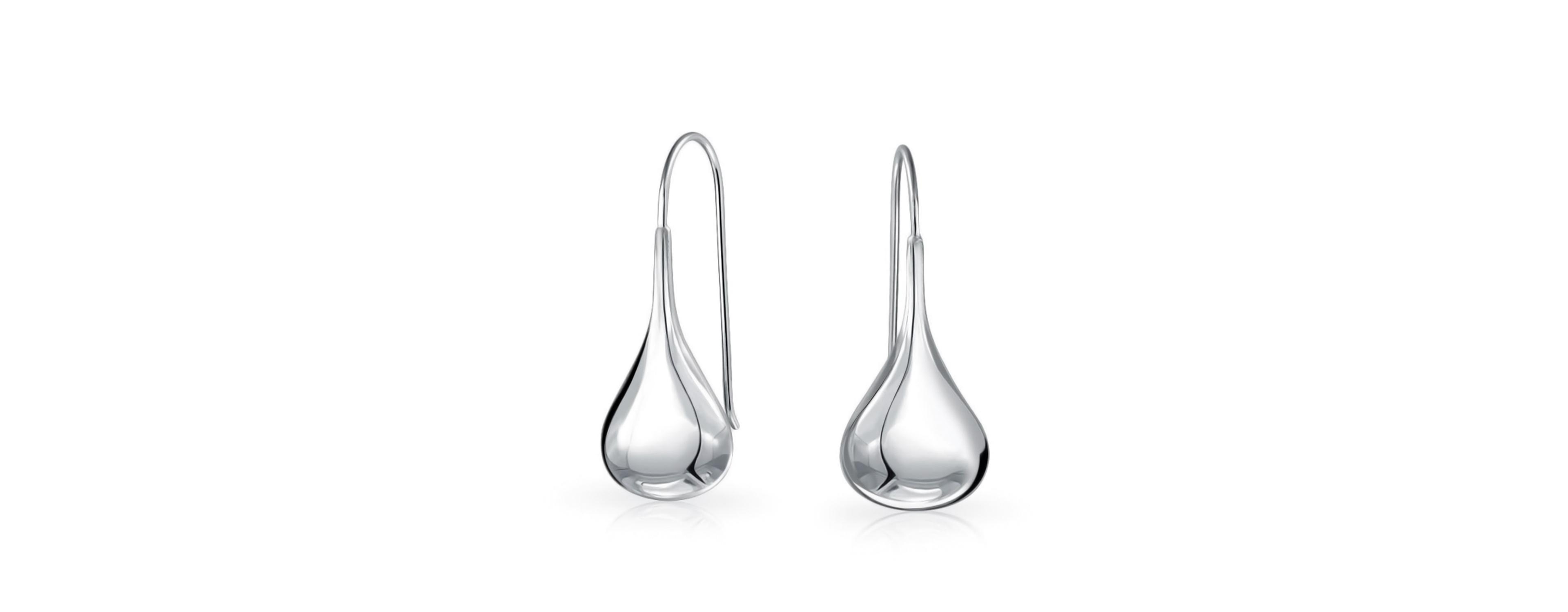 Bling Jewelry Simple Plain Puffed Teardrop Pear Shaped Rain Drop Earrings Fishhook Threader Polish Sterling Silver 1.5 Inch