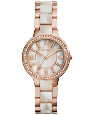 image of Fossil Women-s Virginia Shimmer Horn and Rose Gold-Tone Stainless Steel Bracelet Watch 30mm ES3716