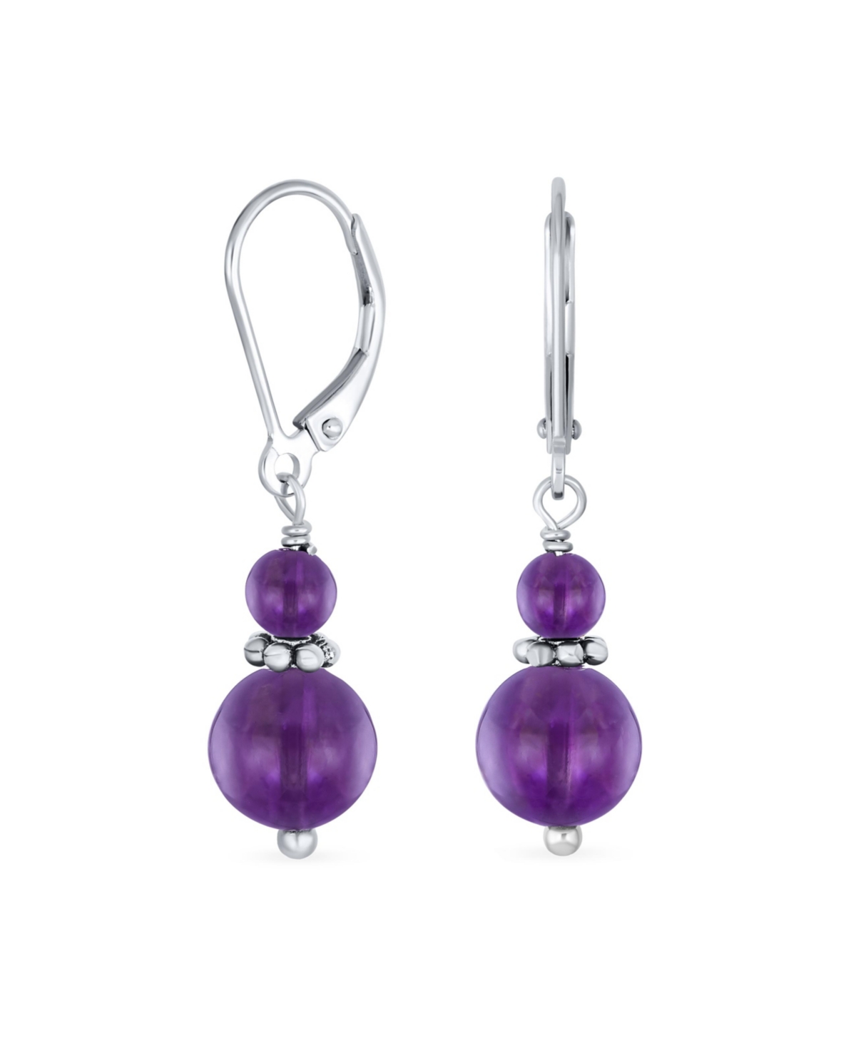 Gemstone Natural Purple Amethyst Boho Bali Milgrain Edged Beaded Rondel Separator Double Ball Round Drop Dangle Earrings Sterling Silver