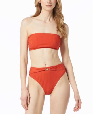 Michael Kors Michael  Womens Ribbed Bandeau Bikini Top Ribbed Logo Waist Bikini Bottoms In Red