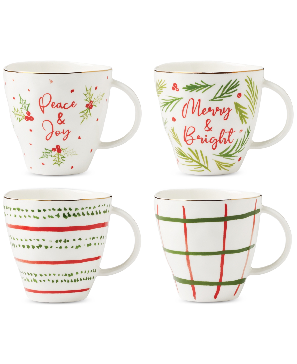 Lenox Bayberry Printed Mix-and-Match Porcelain Mugs, Set Of 4 - Red  Green And Ivory