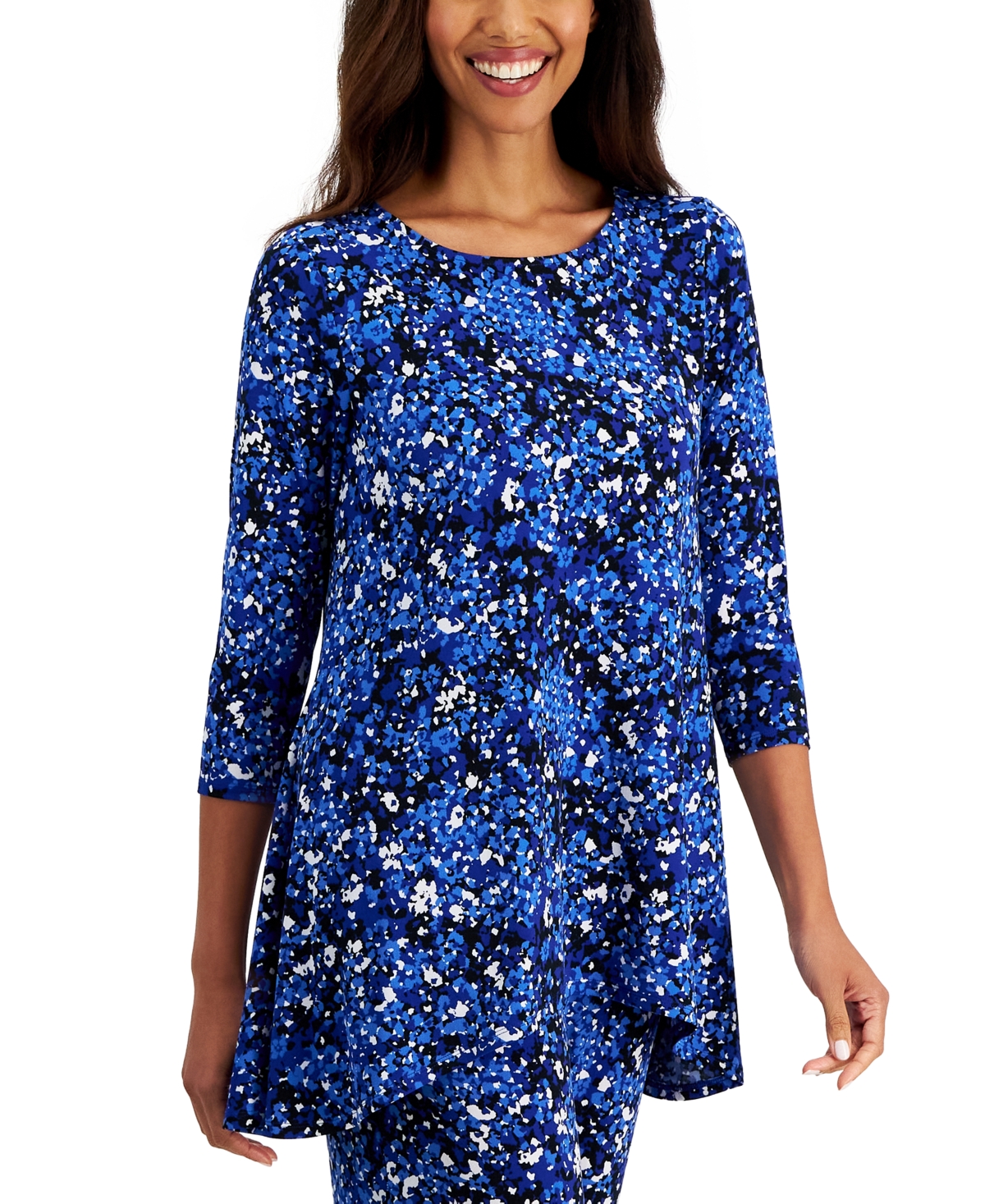 Jm Collection Women's 3/4 Sleeve Knit Dressing Printed Swing Top, Created For Macy's In Modern Blue Combo