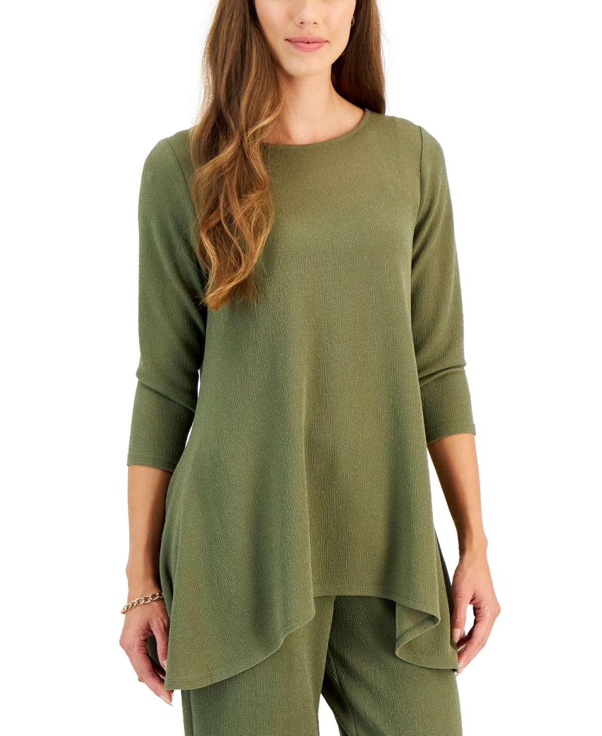 Jm Collection Women's New Shine Solid 3/4 Sleeve Knit Top, Created For Macy's In Tarnished Stem