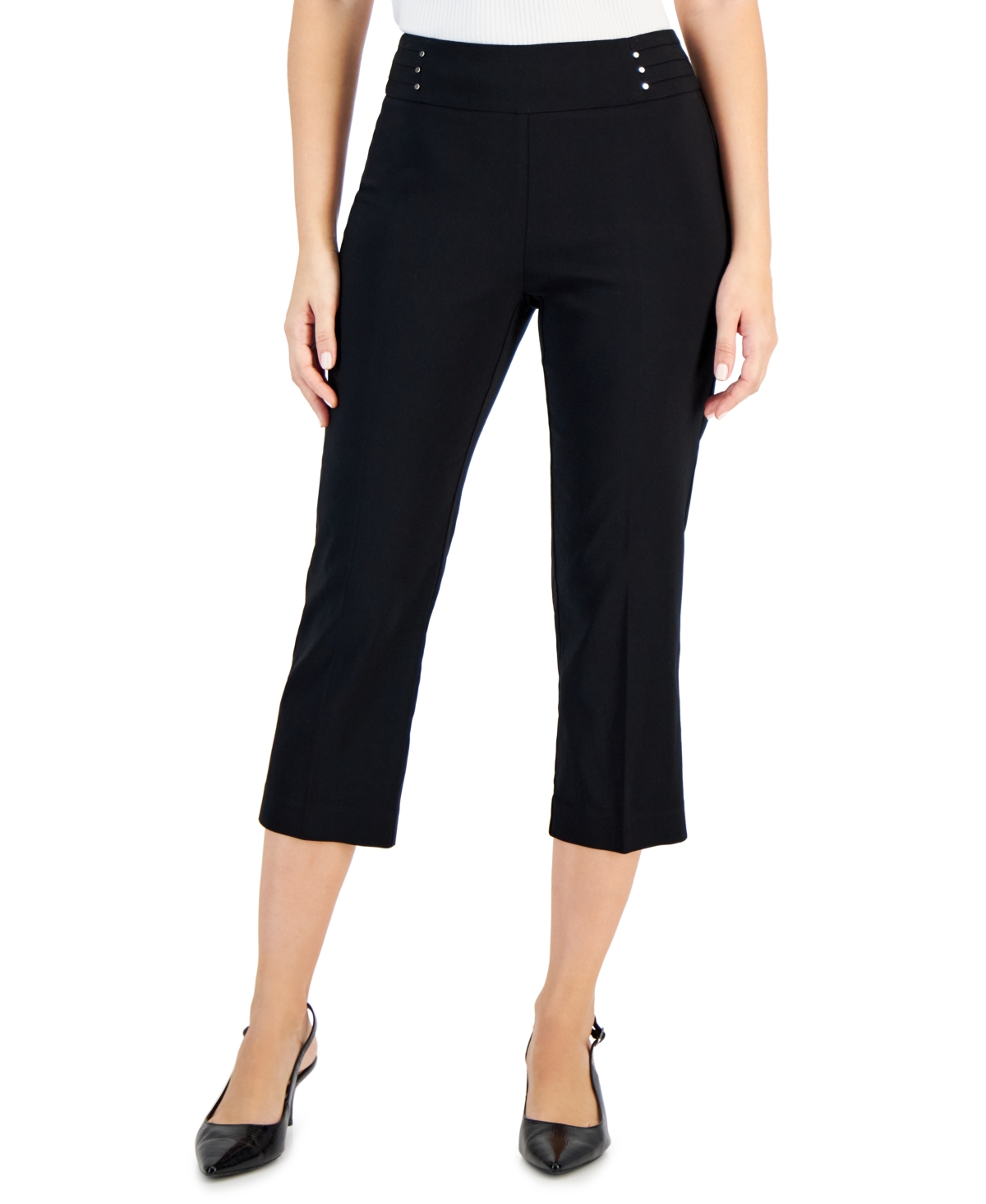 Jm Collection Women's Pull On Slim-fit Rivet Detail Cropped Pants, Created For Macy's In Deep Black