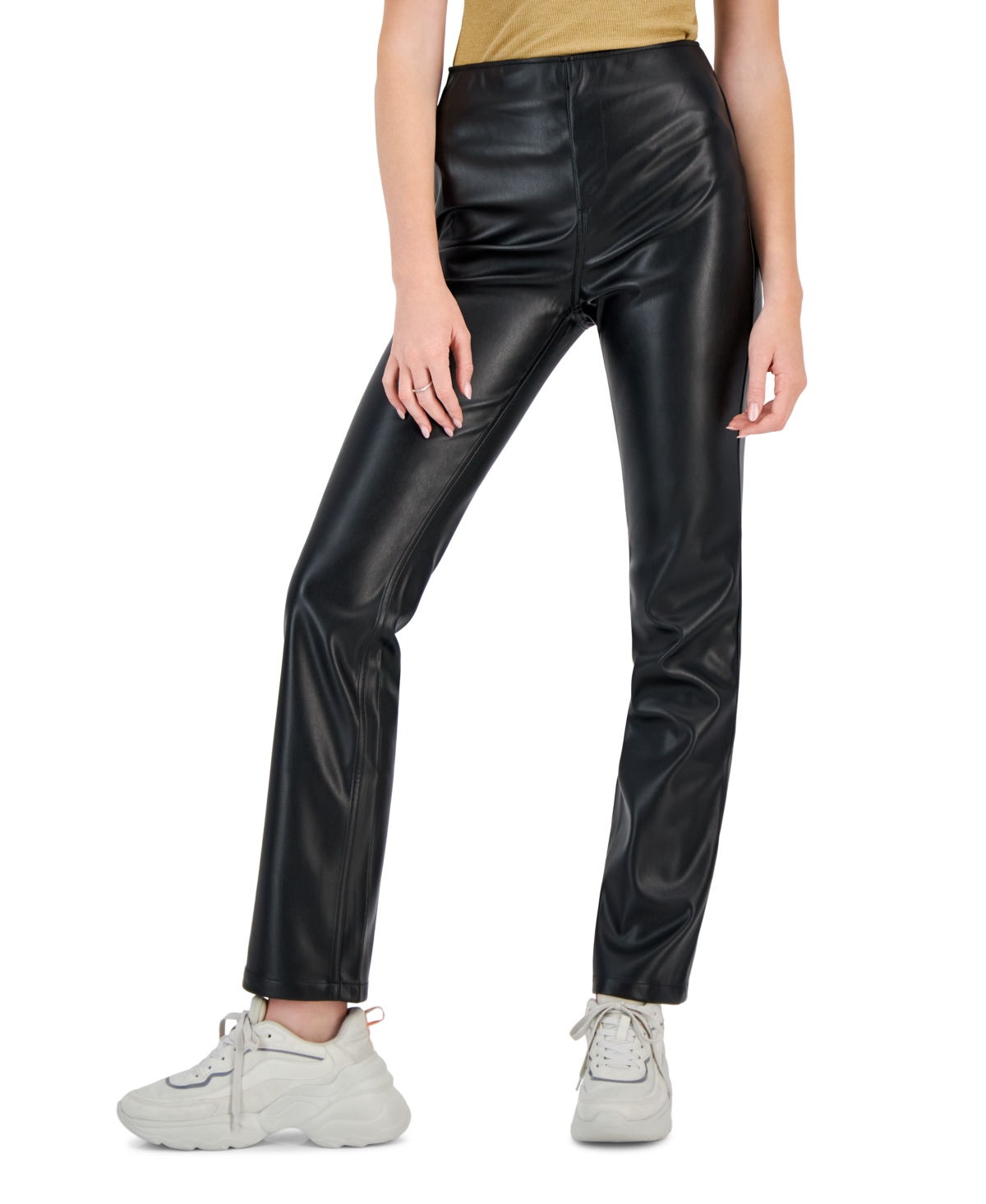 Juniors' Faux Leather High-Rise Pull-On Pants - Black