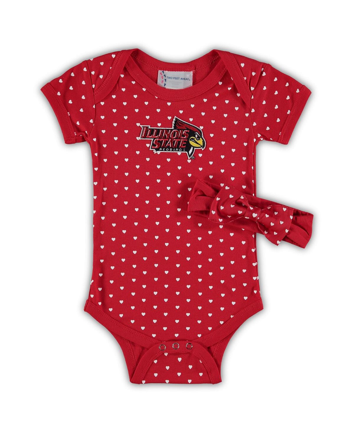 TWO FEET AHEAD GIRLS INFANT RED ILLINOIS STATE REDBIRDS HEARTS BODYSUIT AND HEADBAND SET