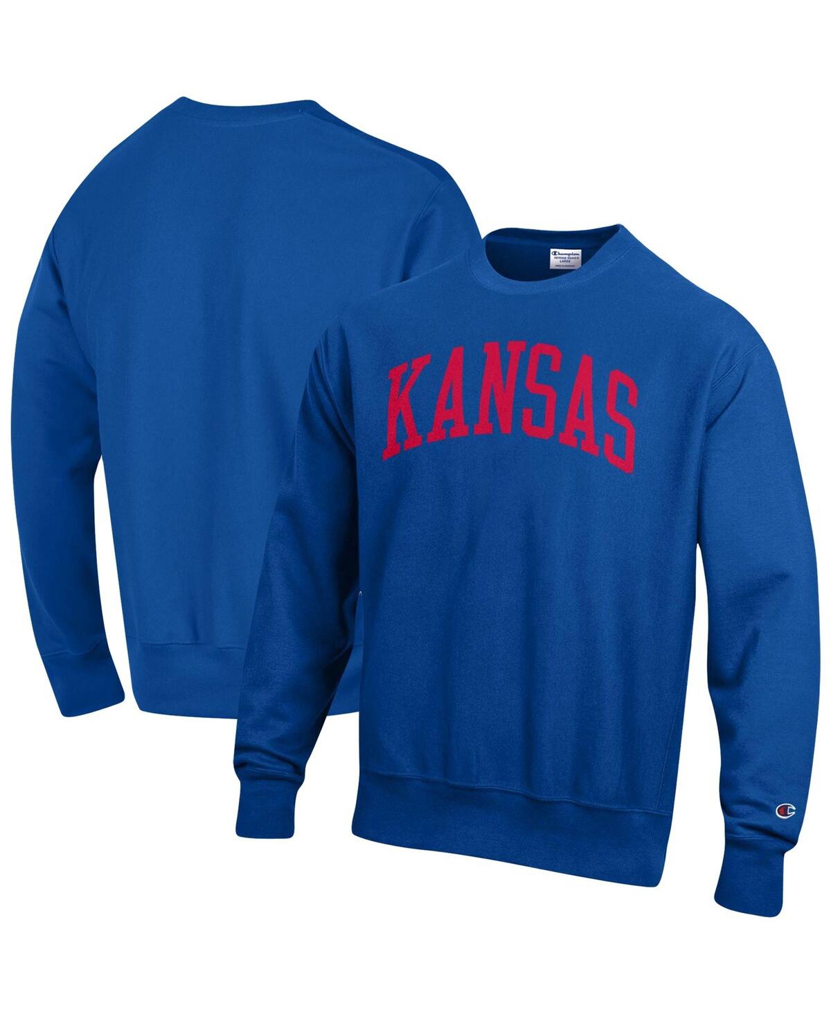 Shop Champion Men's  Royal Kansas Jayhawks Arch Reverse Weave Pullover Sweatshirt
