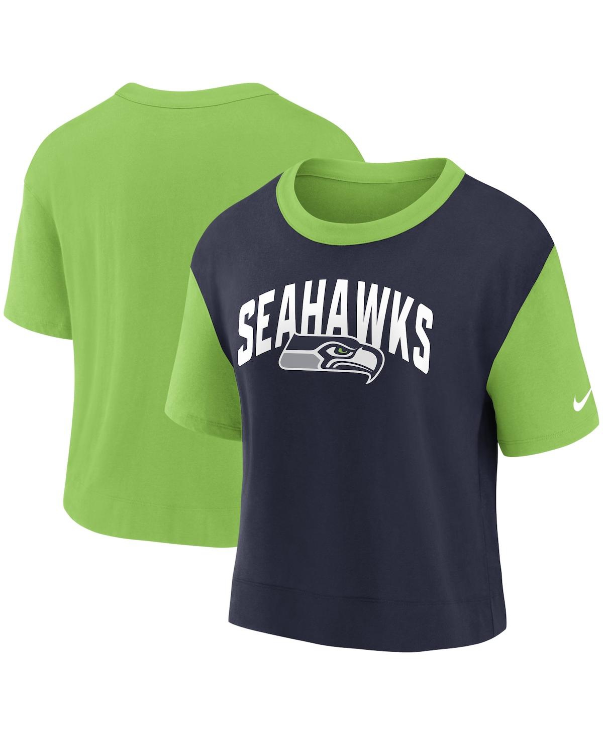Nike Women's  Neon Green, College Navy Seattle Seahawks High Hip Fashion T-shirt In Neon Green,college Navy